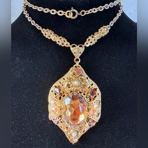 Vtg 1950’s West Germany Filigree Pendant Topaz Rhinestone Faux Pearl Necklace